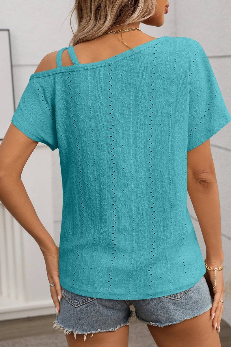 CWTBLS1717_SOLID COLOR ONE SHOULDER HOLLOW SHORT SLEEVE TOP