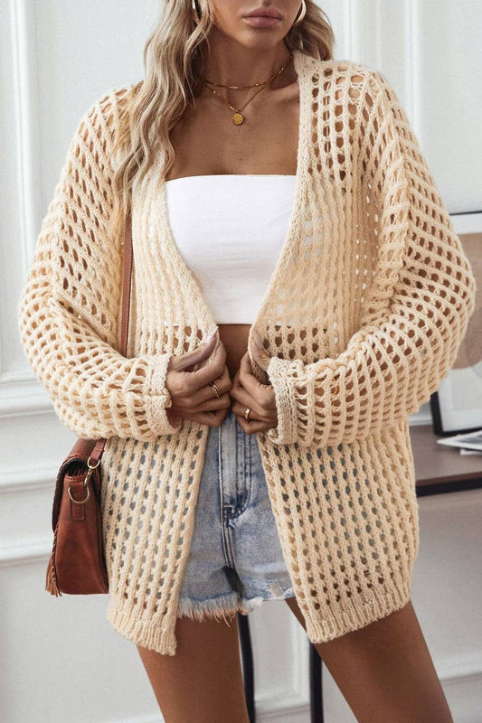 CWOCAL0838_SOLID COLOR HOLLOW LONG-SLEEVED KNITTED CARDIGAN