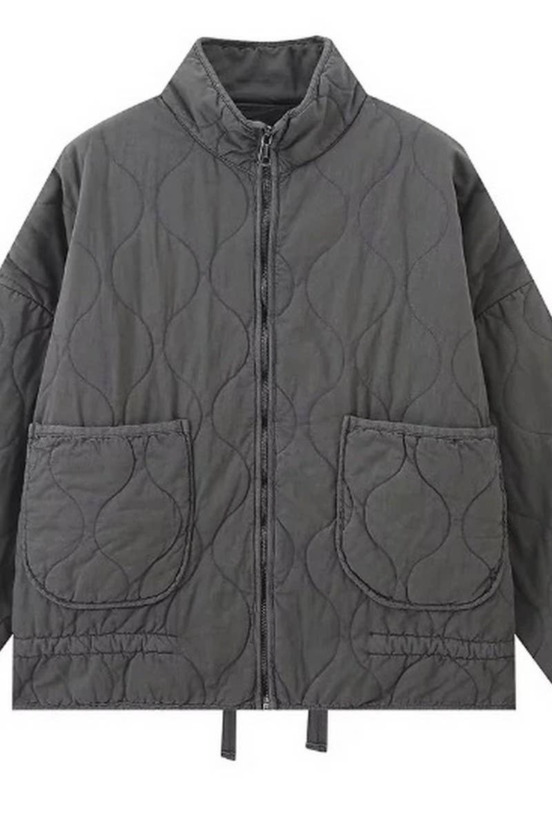 CWOCO1078_STAND COLLAR LARGE POCKET QUILTED COTTON COAT