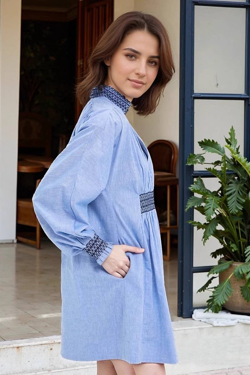 CWDSD8802_RUCHED LAYERED V-NECK ARTISTIC SHIRT DRESS