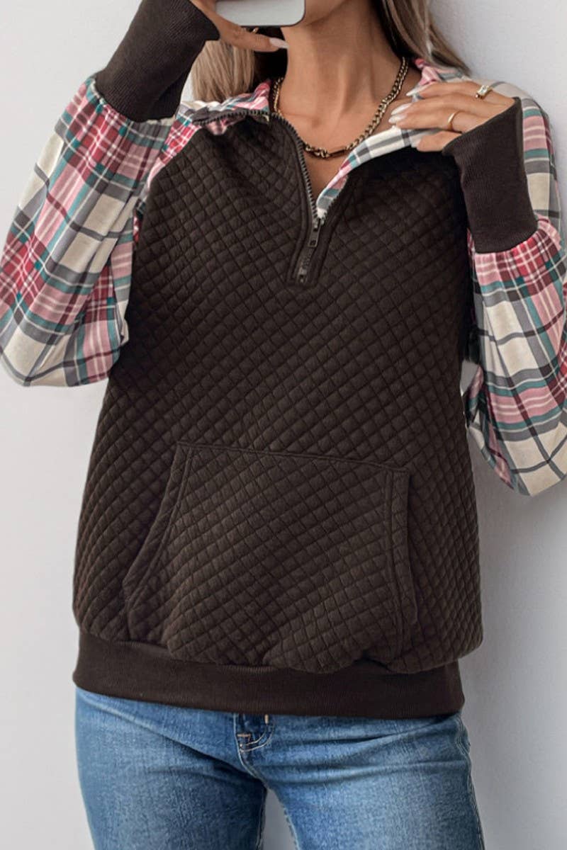 CWTBLL3715_RETRO PLAID STITCHING RETRO PULLOVER SWEATSHIRT