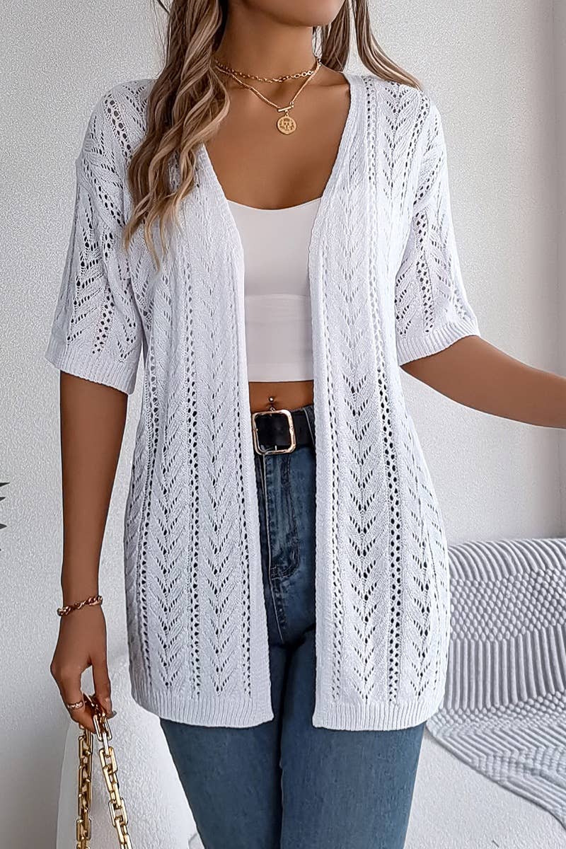 CWTBLS1057_SUMMER SHORT-SLEEVED HOLLOW-KNIT SUNSCREEN SHIRT