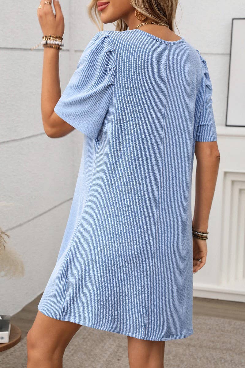 CWDSD7272_CONTRAST TWIST STRIPE PUFF SLEEVE MIDI DRESS