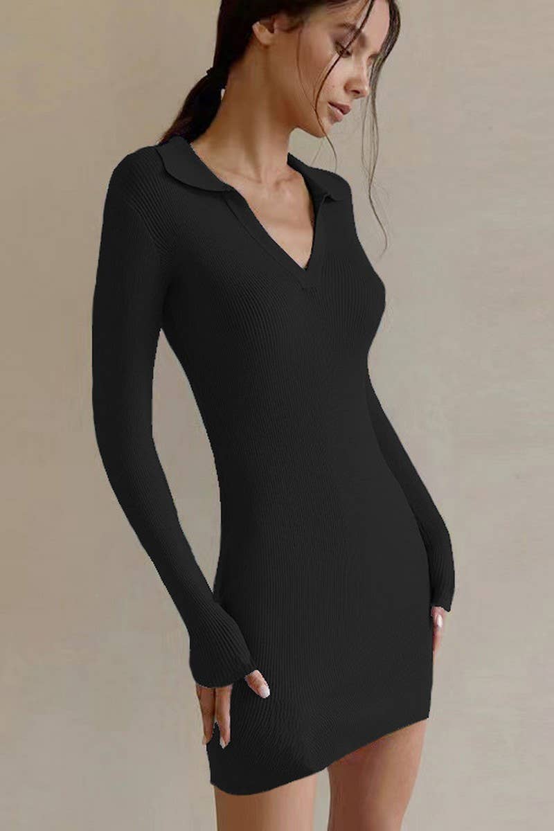 CWDSD7461_LAPEL RIBBED KNIT LONG SLEEVE BOTTOMING DRESS