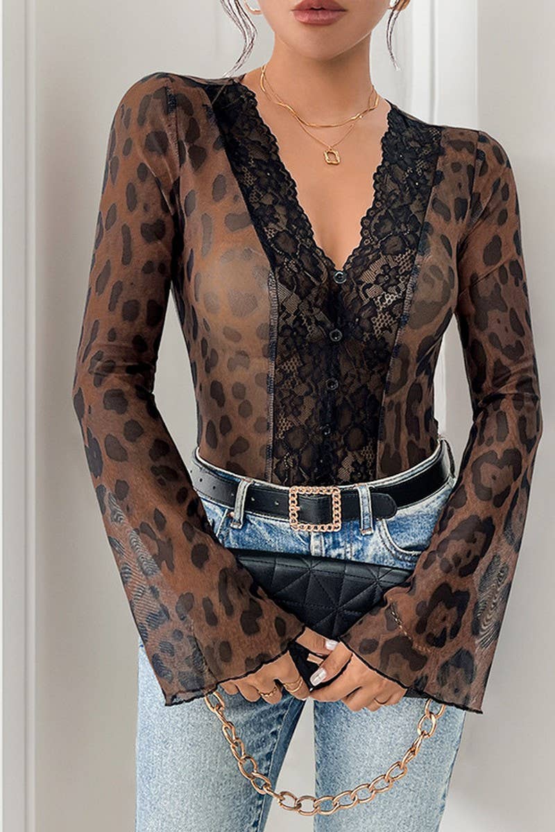 CWSBSL0093_LEOPARD PRINT MESH PANEL TRUMPET SLEEVE BODYSUIT