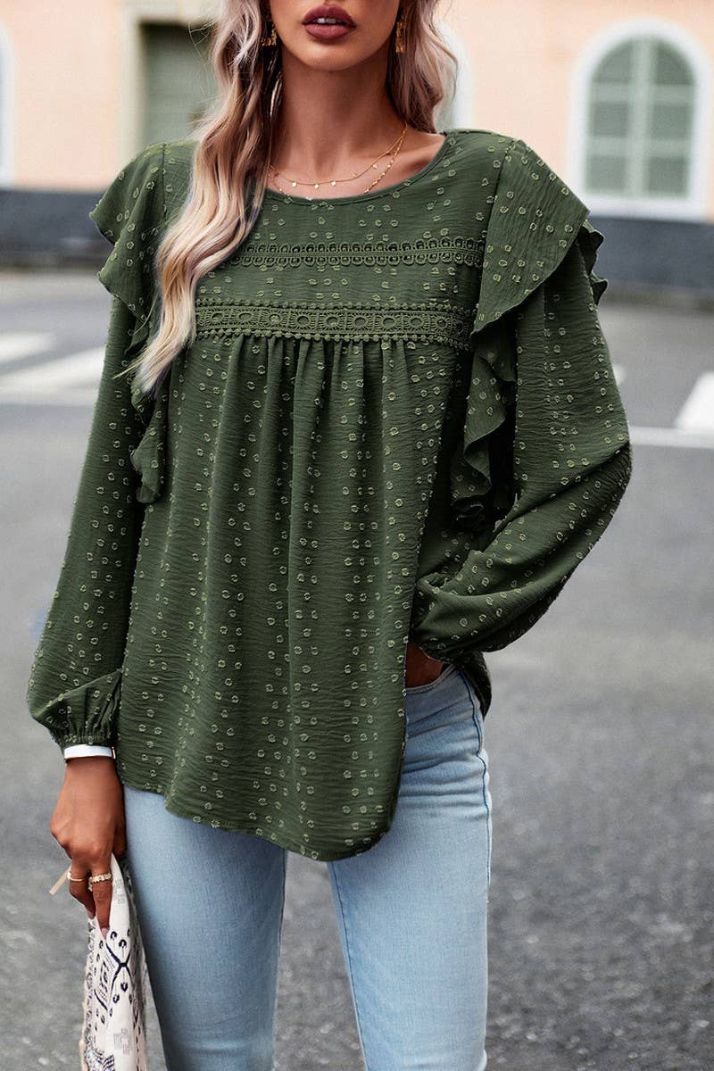 CWTBLL0390_Round neck Long Sleeve Ruffle Detailed Blouse