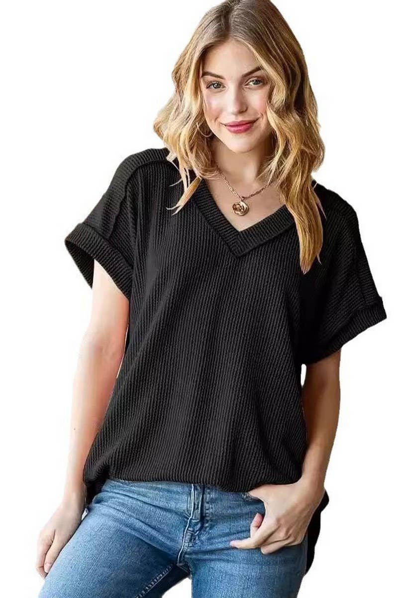 CWTBLS1500_V-NECK RIBBED JACQUARD KNIT SHORT-SLEEVED T-SHIRT