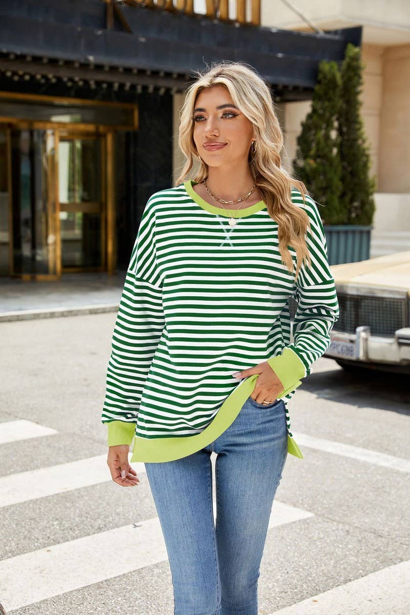CWTBLL3746_CONTRAST COLOR SLIT LOOSE STRIPED SWEATSHIRT