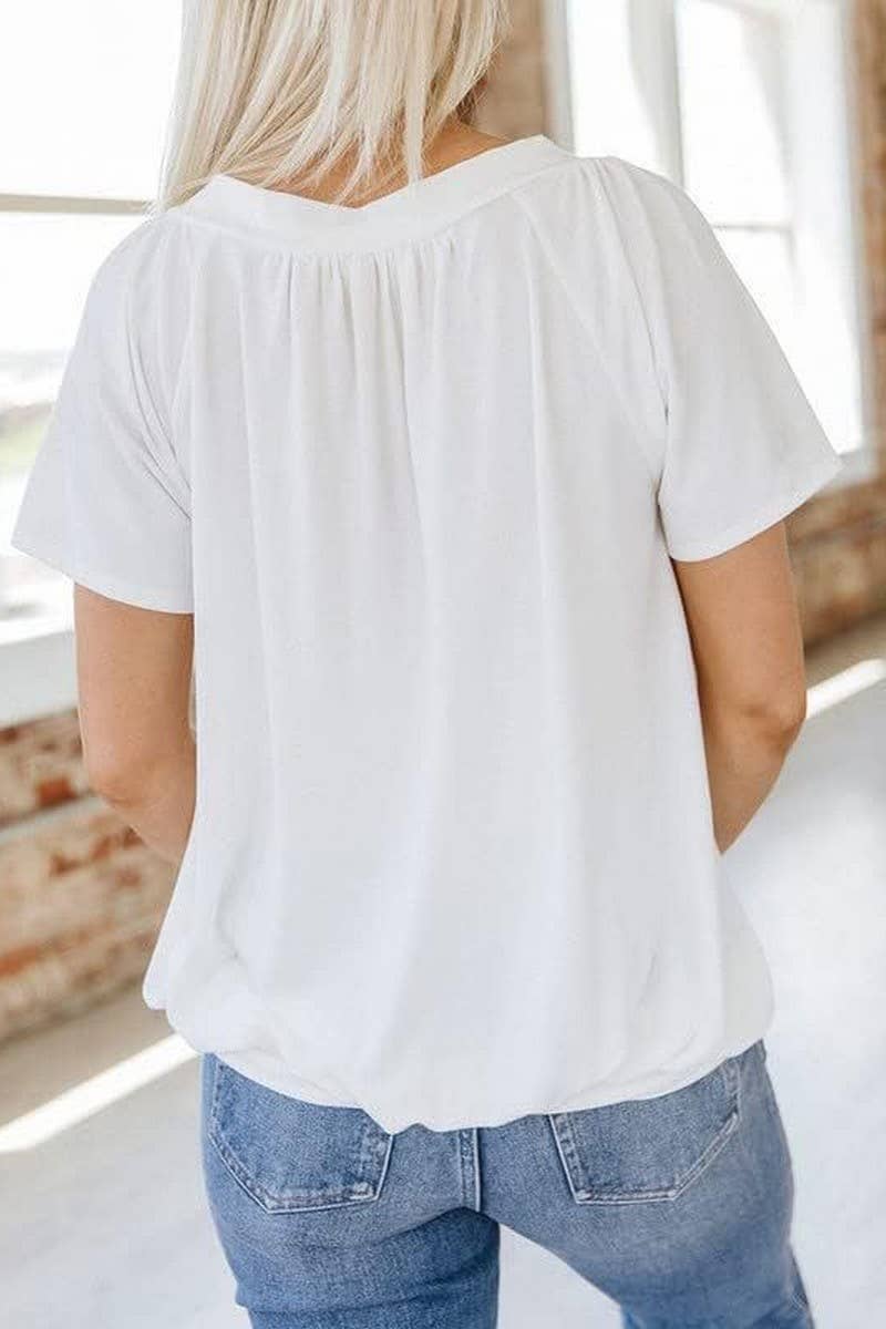 CWTBLS2255_V-NECK RUCHED LOOSE FIT COTTON T-SHIRT