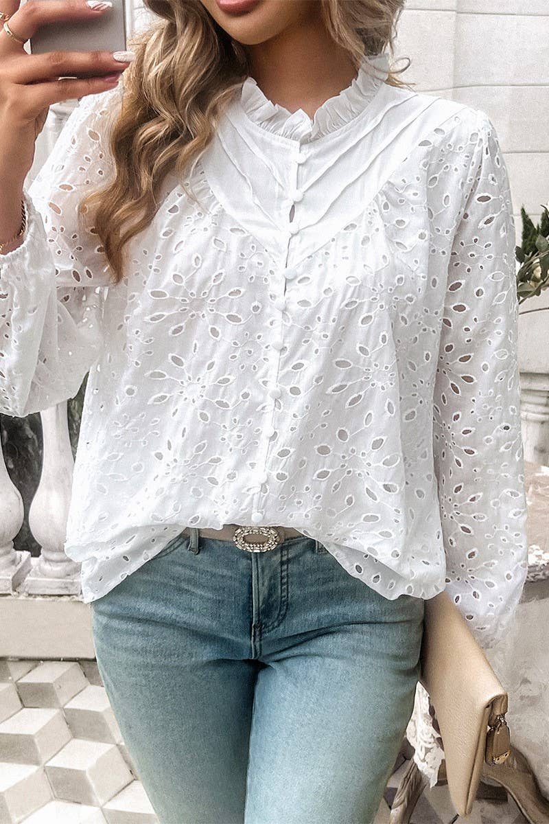 CWTSTL2732_ELEGANT HOLLOW PUFF SLEEVE EMBROIDERED TOP
