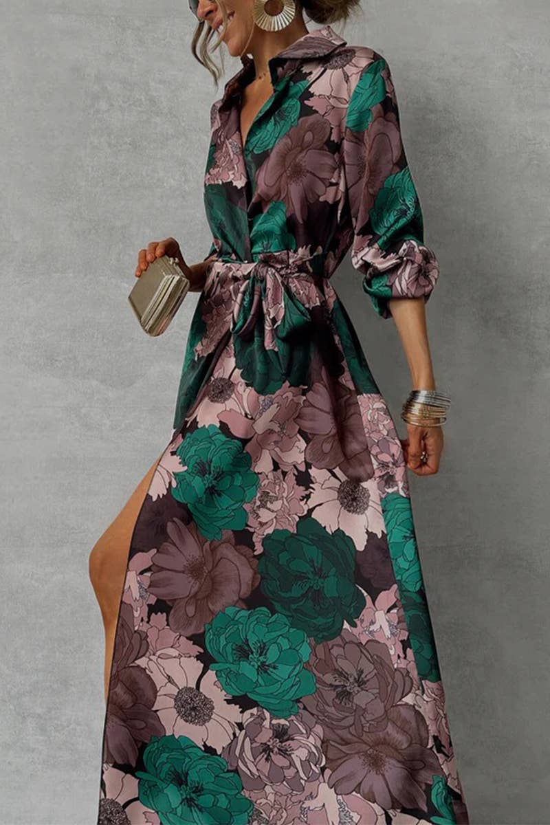 CWDMD5863_ELEGANT PRINTED TIE-WAIST LONG SLEEVE DRESS