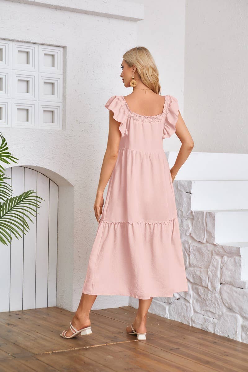Fly-sleeve square neck off-the-shoulder dress