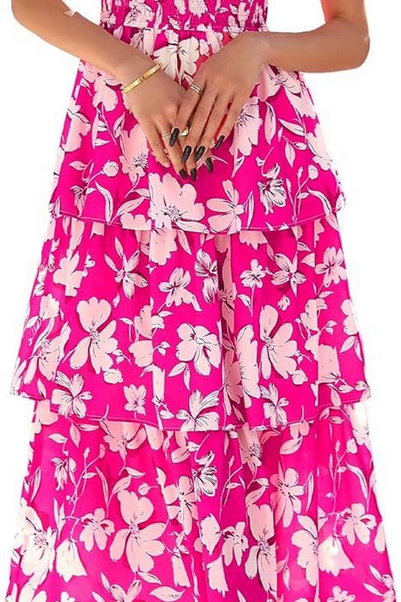 CWDMD01026_SQUARE NECK SHORT SLEEVE FLORAL CHIFFON DRESS