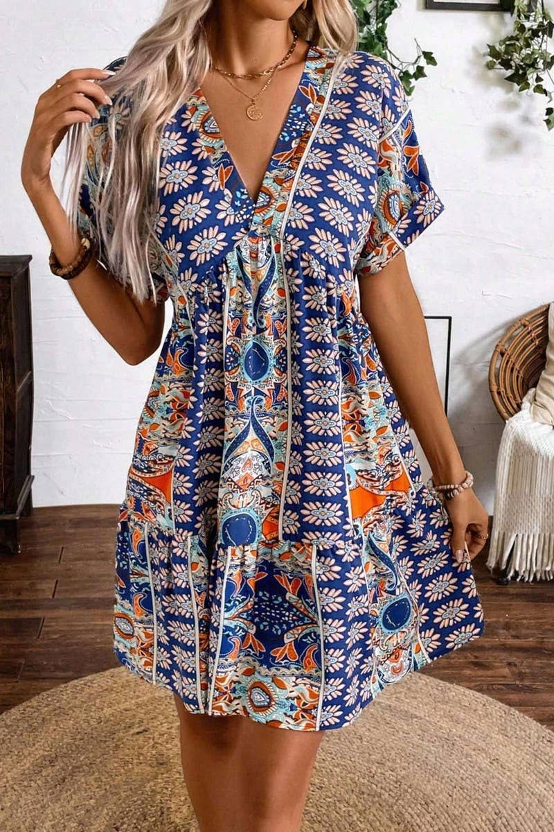 CWDSD6961_PRINTED V-NECK HIGH WAIST BAT SLEEVES DRESS