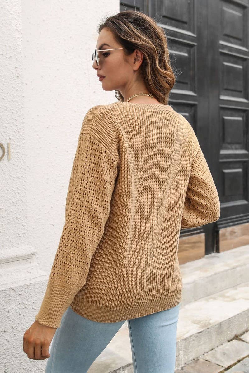 CWOSWL4150_SOLID COLOR HOLLOW SLEEVE KNITTED SWEATER