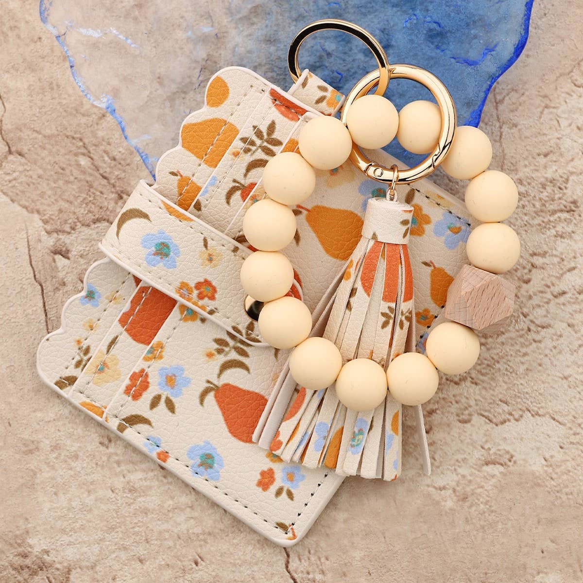 Ocean Print Fruit Card Wallet with Bead Keychain_CUAB00440