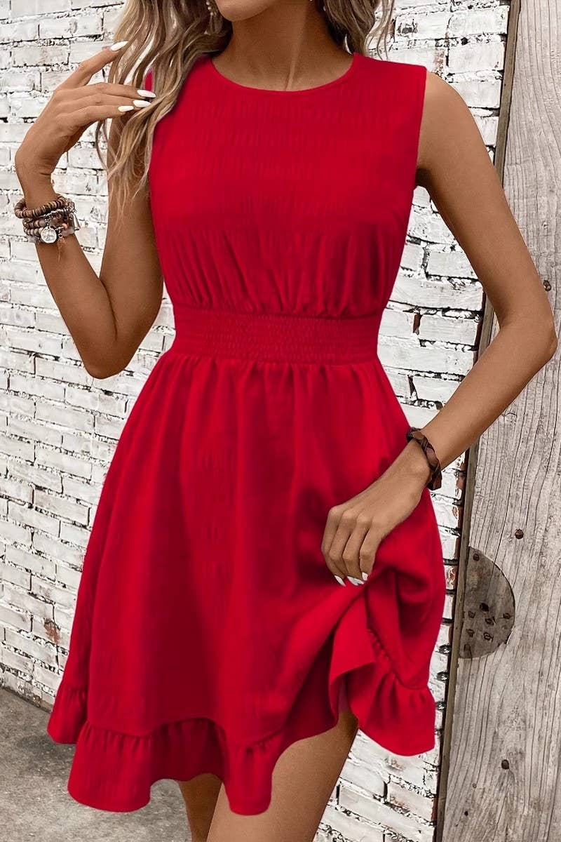 CWDSD10527_SUMMER ELEGANT WAIST SLEEVELESS RUFFLE DRESS