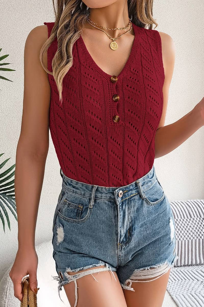 CWOV0293_KNIT BUTTON V-NECK HOLLOWED OUT SLEEVELESS TOP