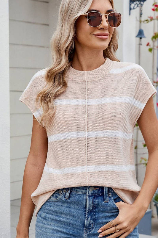 CWTBLS02499_STRIPED CREW NECK SLEEVELESS KNIT TANK