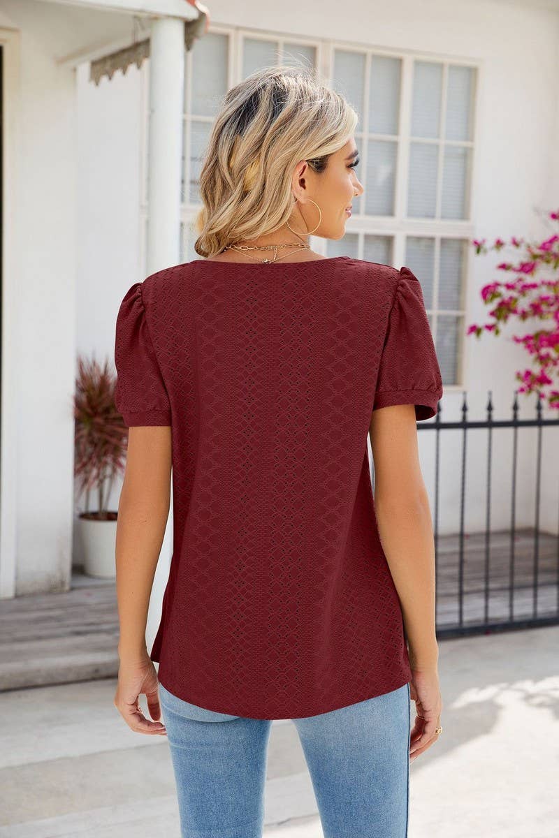CWTBLS0877_SQUARE COLLAR SOLID COLOR SHORT-SLEEVED TOP