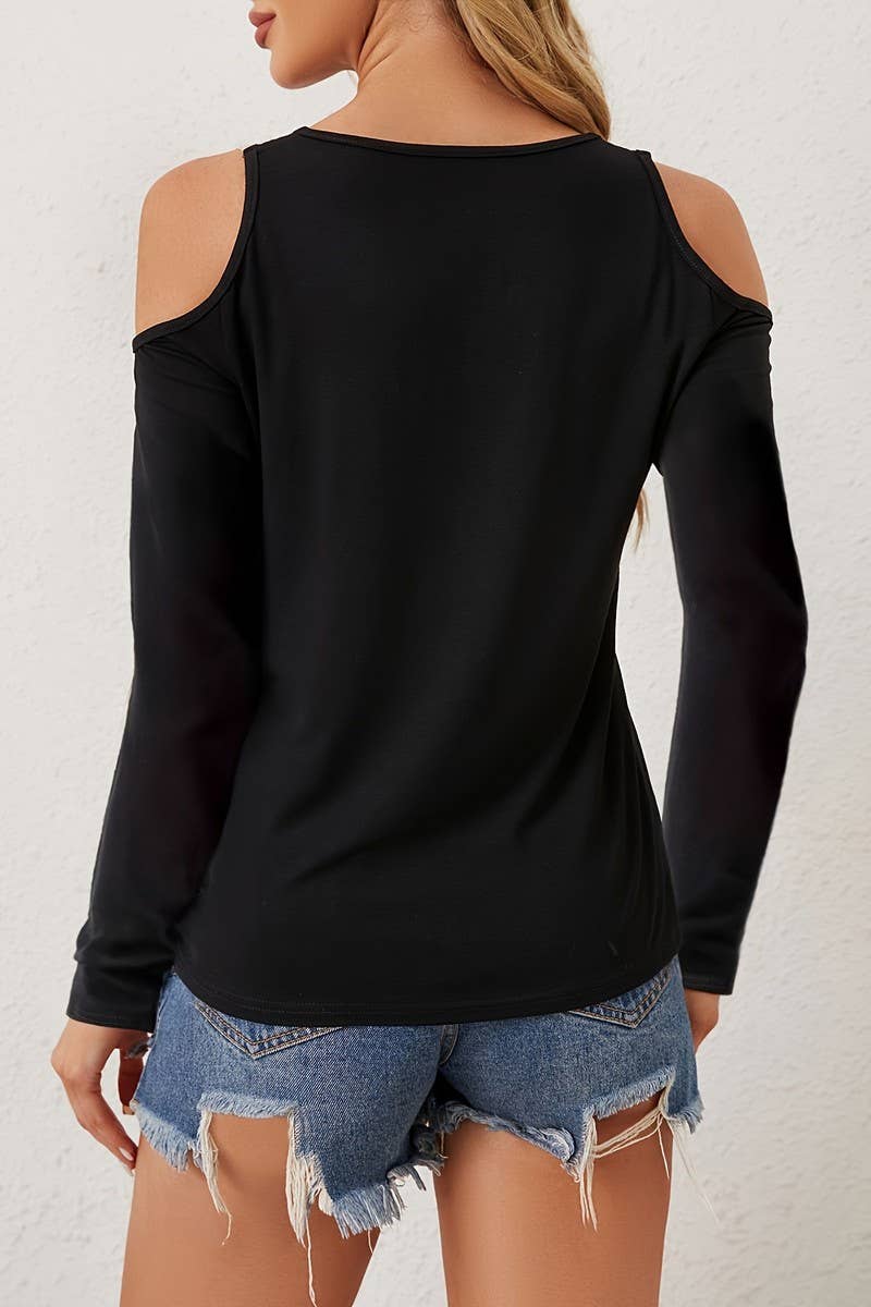 CWTBLL3560_LACE V-NECK OFF-SHOULDER LONG-SLEEVED T-SHIRT TOP