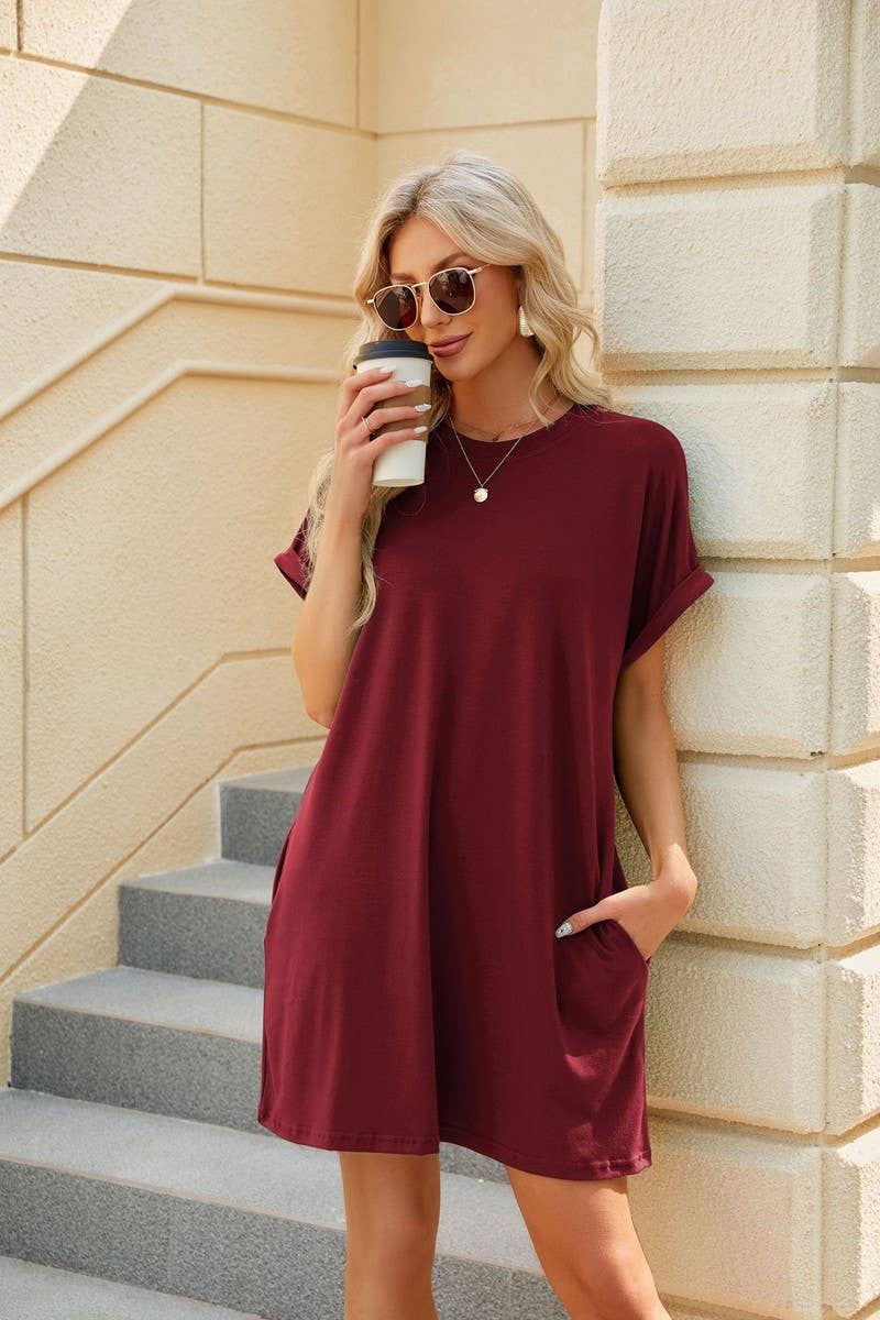 CWDSD4078_SOLID COLOR CREW NECK POCKET SHORT SLEEVE DRESS