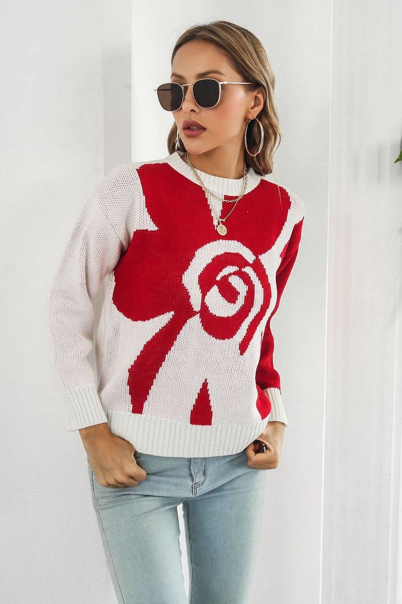 CWOSWL6863_CASUAL LOOSE FLORAL JACQUARD LONG SLEEVE SWEATER