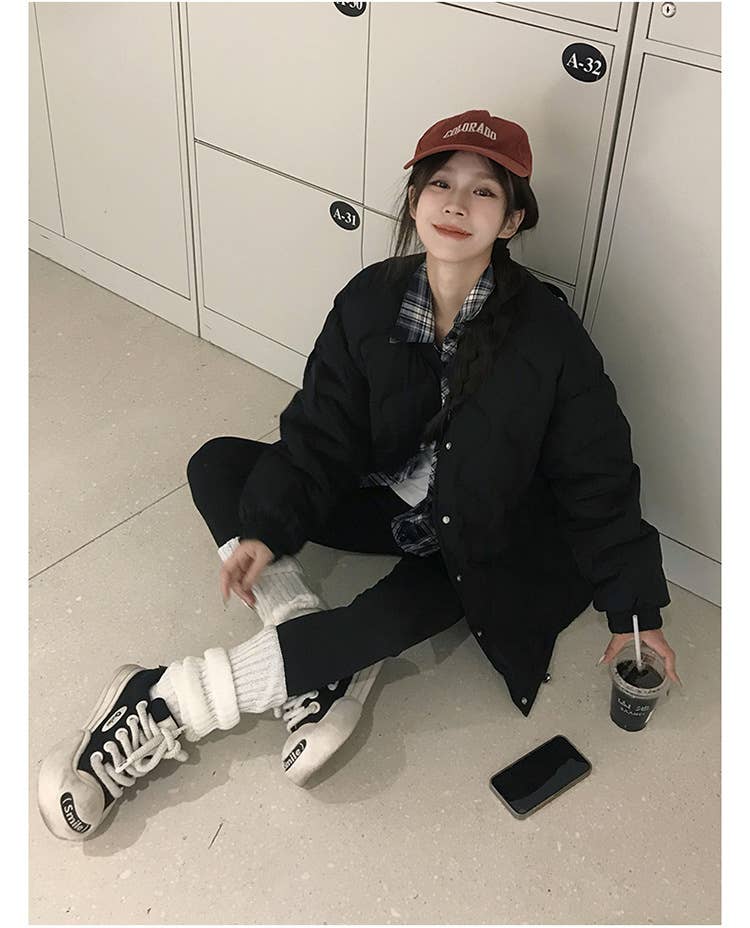 Collar diamond plaid thick padded jacket