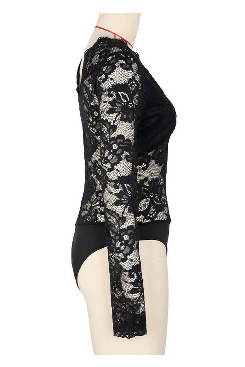 CWSBSL0056_V-NECK LACE PANELED SEXY LONG SLEEVE BODYSUIT