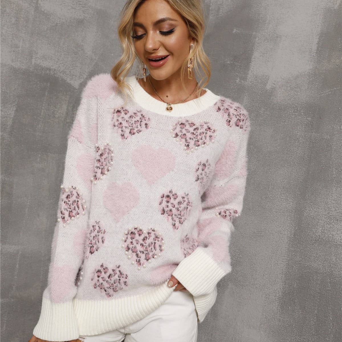 Beaded love pullover crew-neck sweater