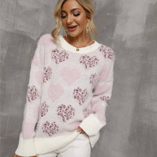 Beaded love pullover crew-neck sweater