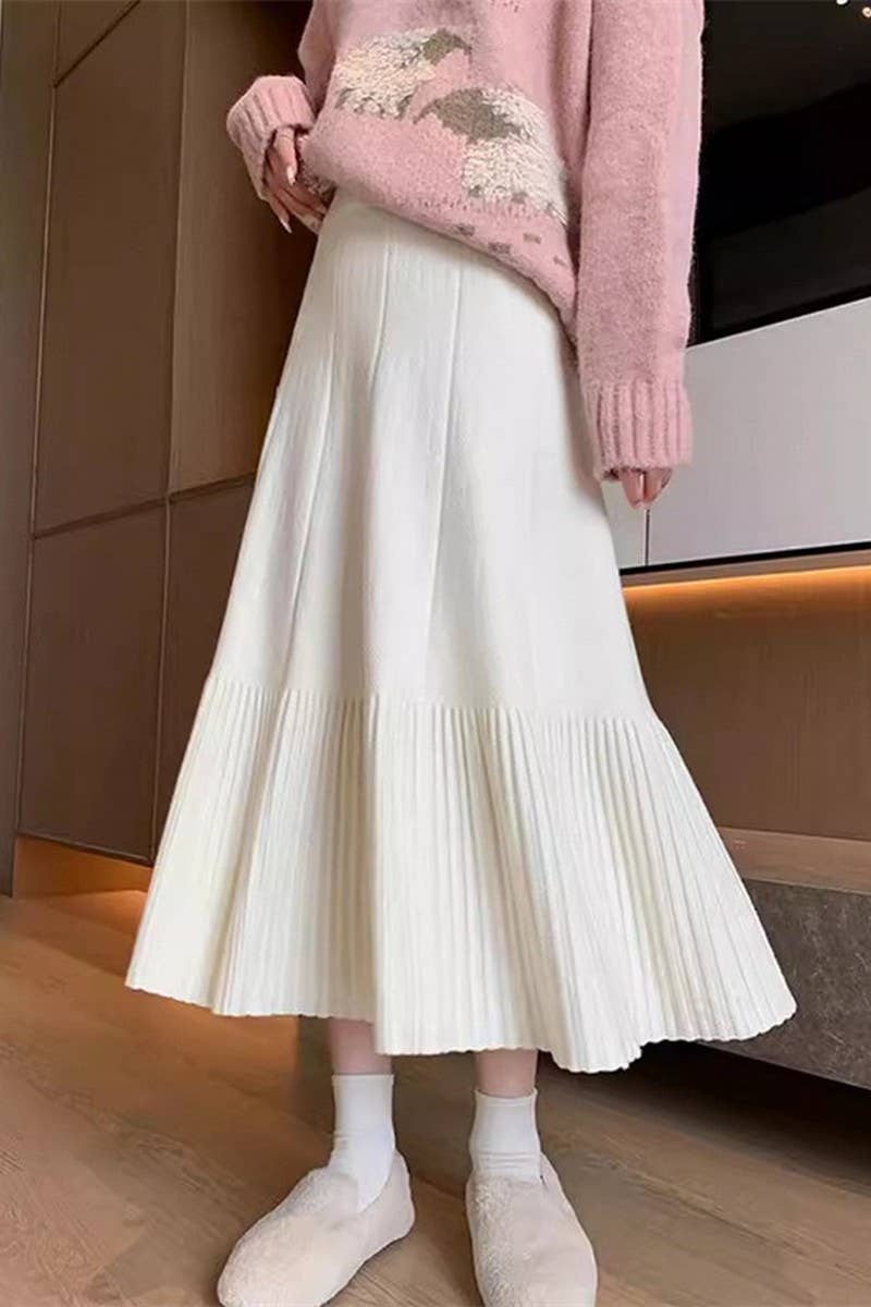 CWBLS0298_SOLID COLOR HIGH WAIST PLEATED KNITTED SKIRT