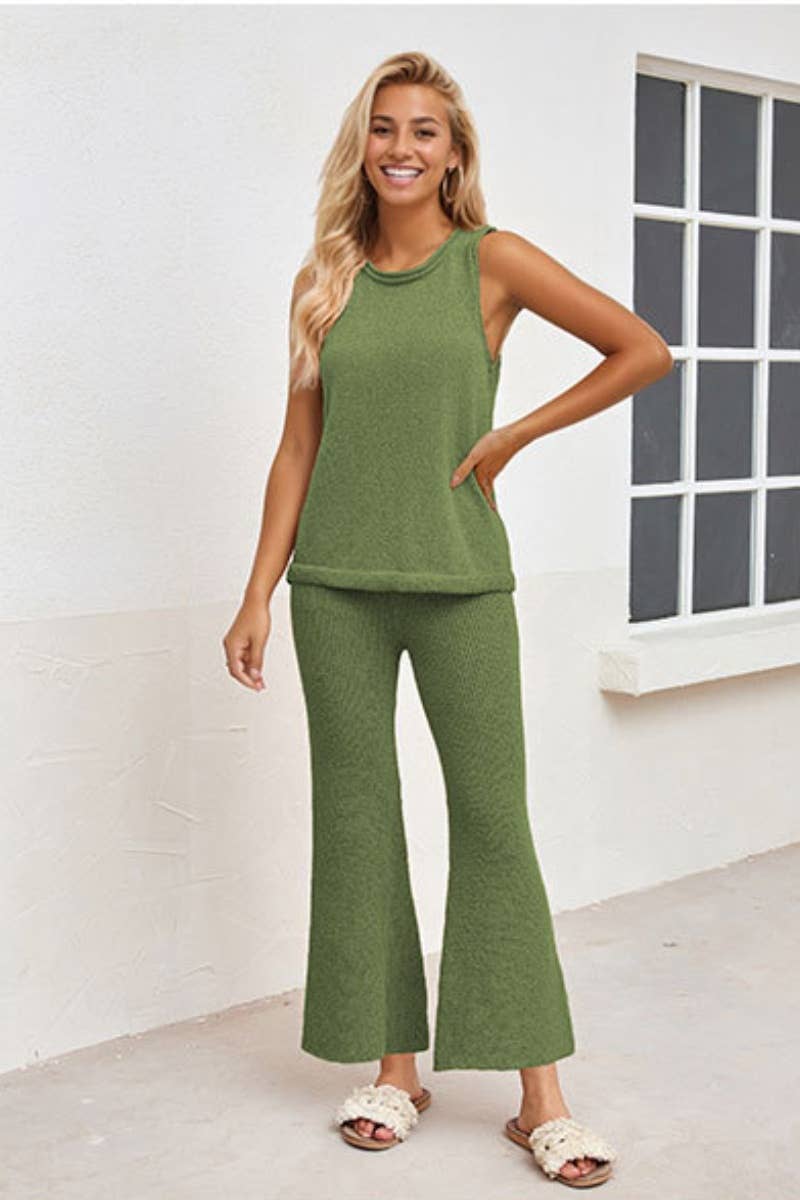 CWSS0632_SUMMER KNIT CASUAL SLEEVELESS TOP PANTS SUIT