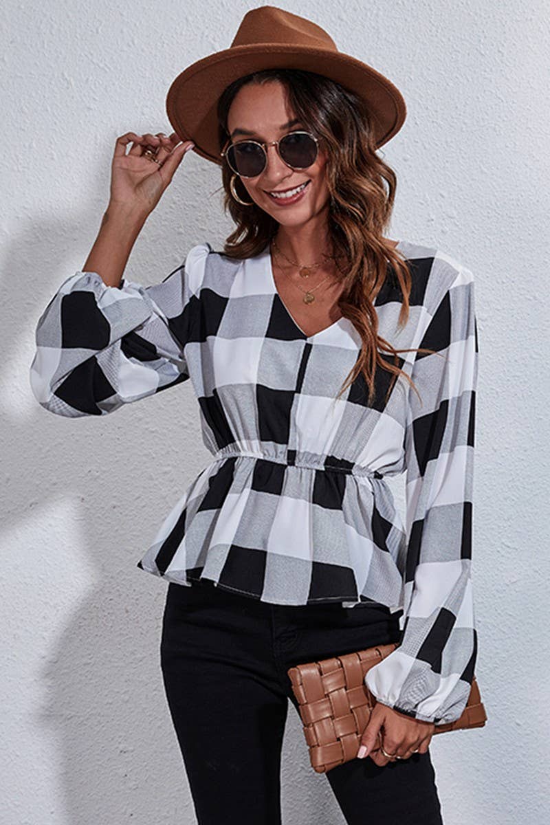 CWTBLL0707_V-Neck Long Sleeve Print Blouse