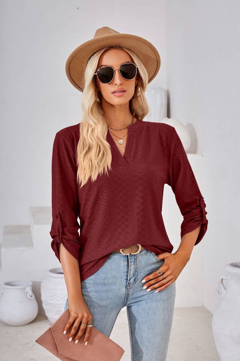 CWTBLL2375_SOLID COLOR V-NECK THREE-QUARTER SLEEVE TOP