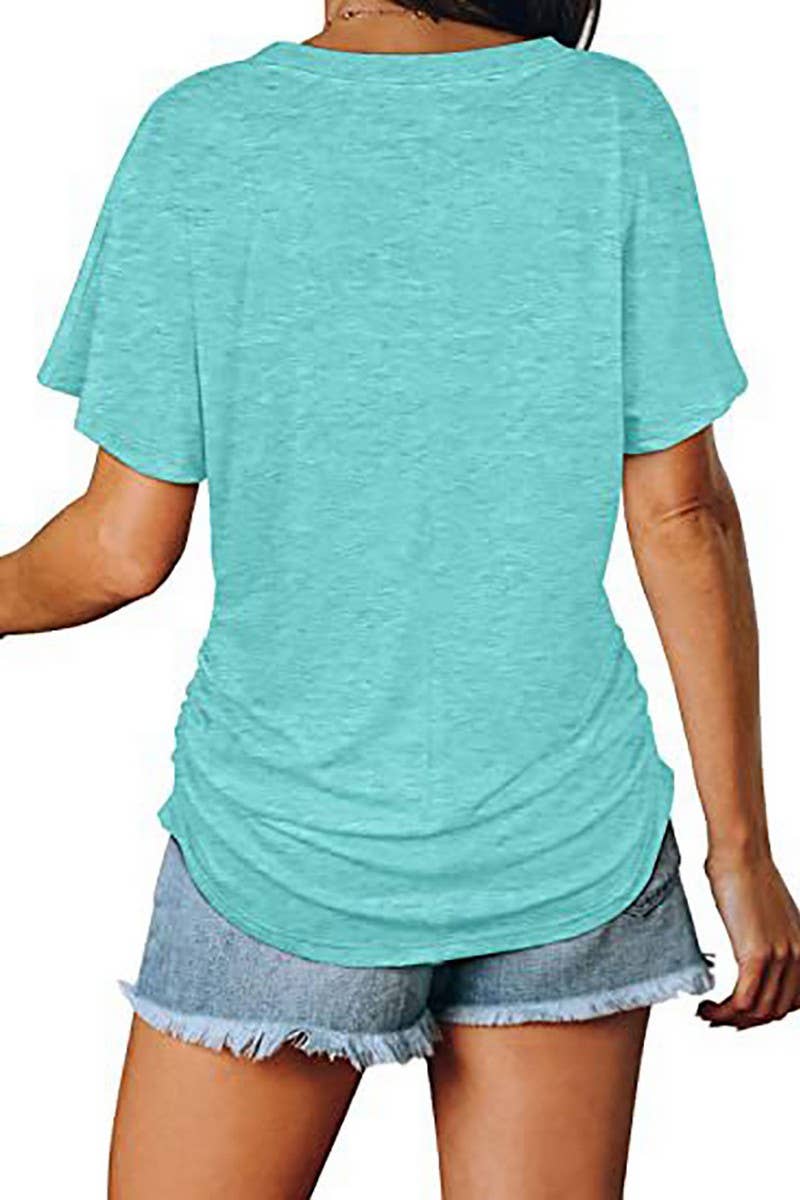 CWTTS1178_V-NECK SOLID COLOR CASUAL LOOSE TOP