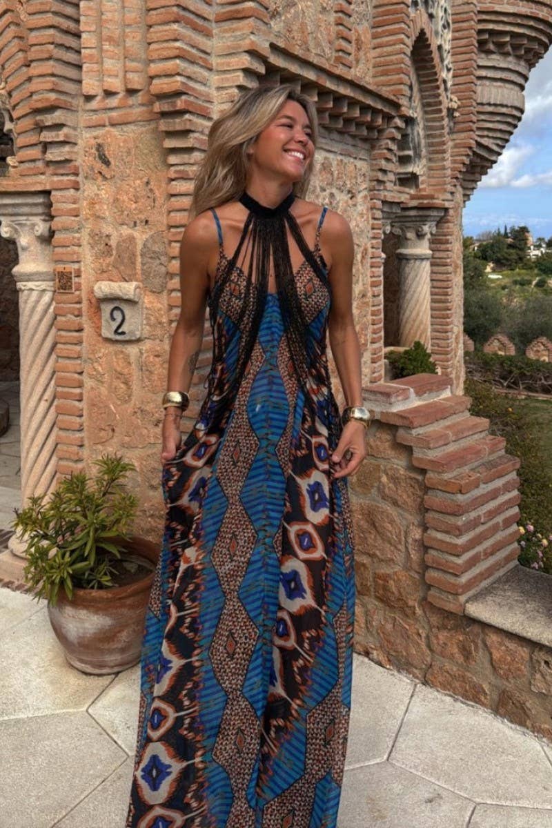 CWDHL0993_NEW SUMMER PRINTED SUSPENDER LONG SKIRT DRESS