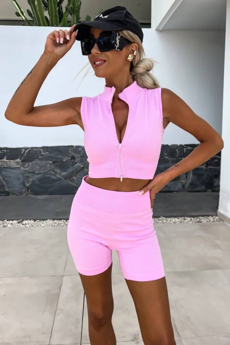 CWSS0515_WOMEN'S ZIP-UP CARDIGAN TOP SHORTS SUIT