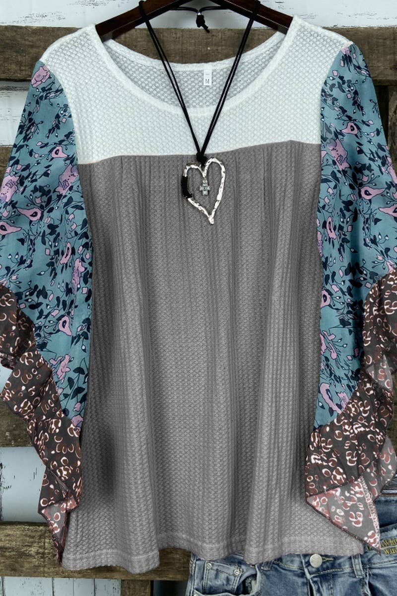 CWTBLS2231_COLORBLOCK PRINT BATWING SLEEVE WAFFLE TOP