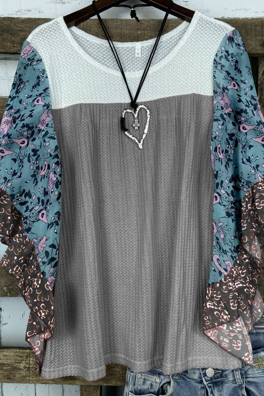 CWTBLS2231_COLORBLOCK PRINT BATWING SLEEVE WAFFLE TOP