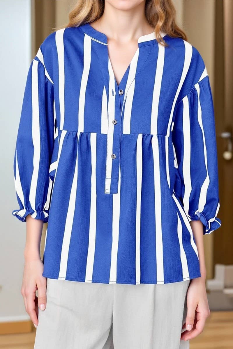 CWTBLL01203_2025 SUMMER FALL STRIPED PUFF SLEEVE BLOUSE