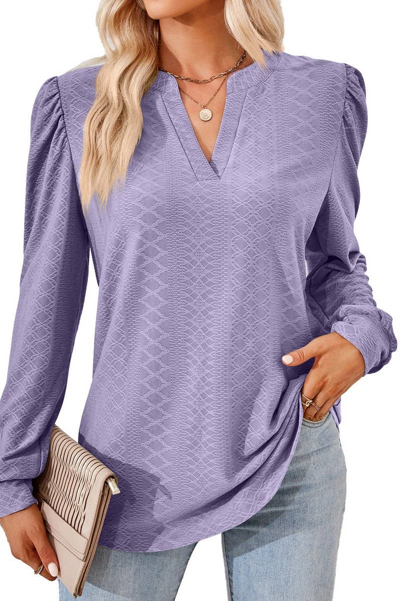 CWTBLL2374_SOLID COLOR V-NECK JACQUARD LONG-SLEEVED TOP