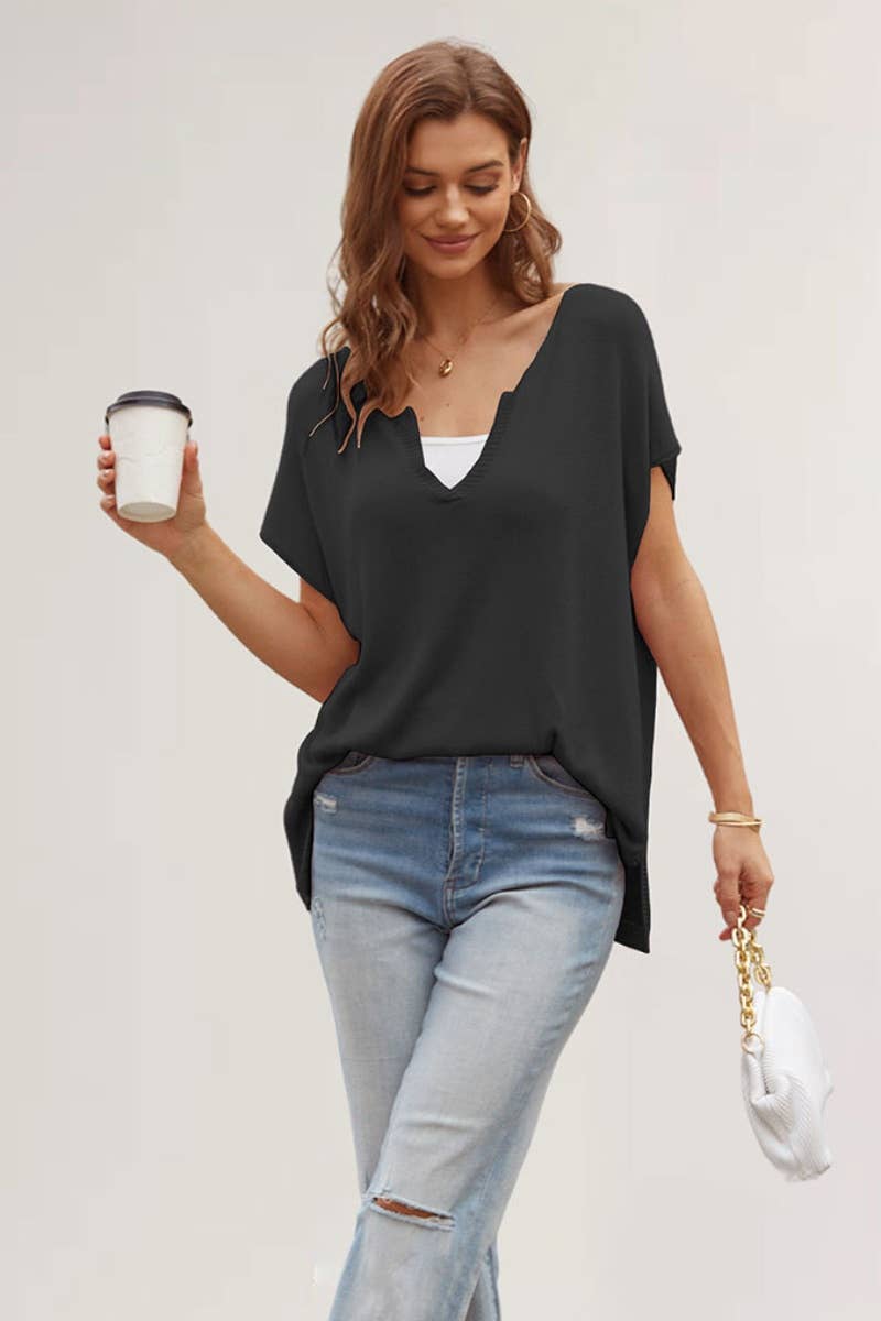 CWTBLS0744_KNIT V-NECK SOLID COLOR SPLIT SHORT-SLEEVED TOP