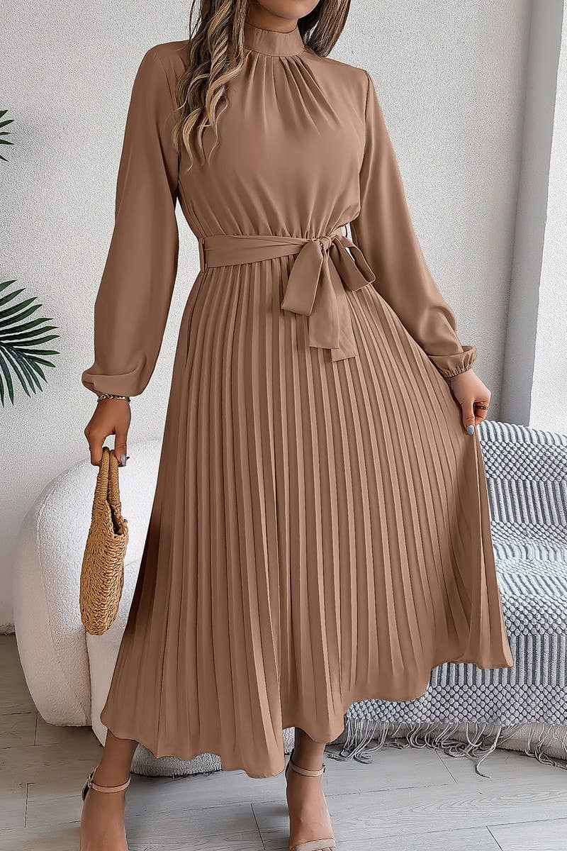 CWDMD3430_TIE STAND COLLAR PLEATED MAXI DRESS