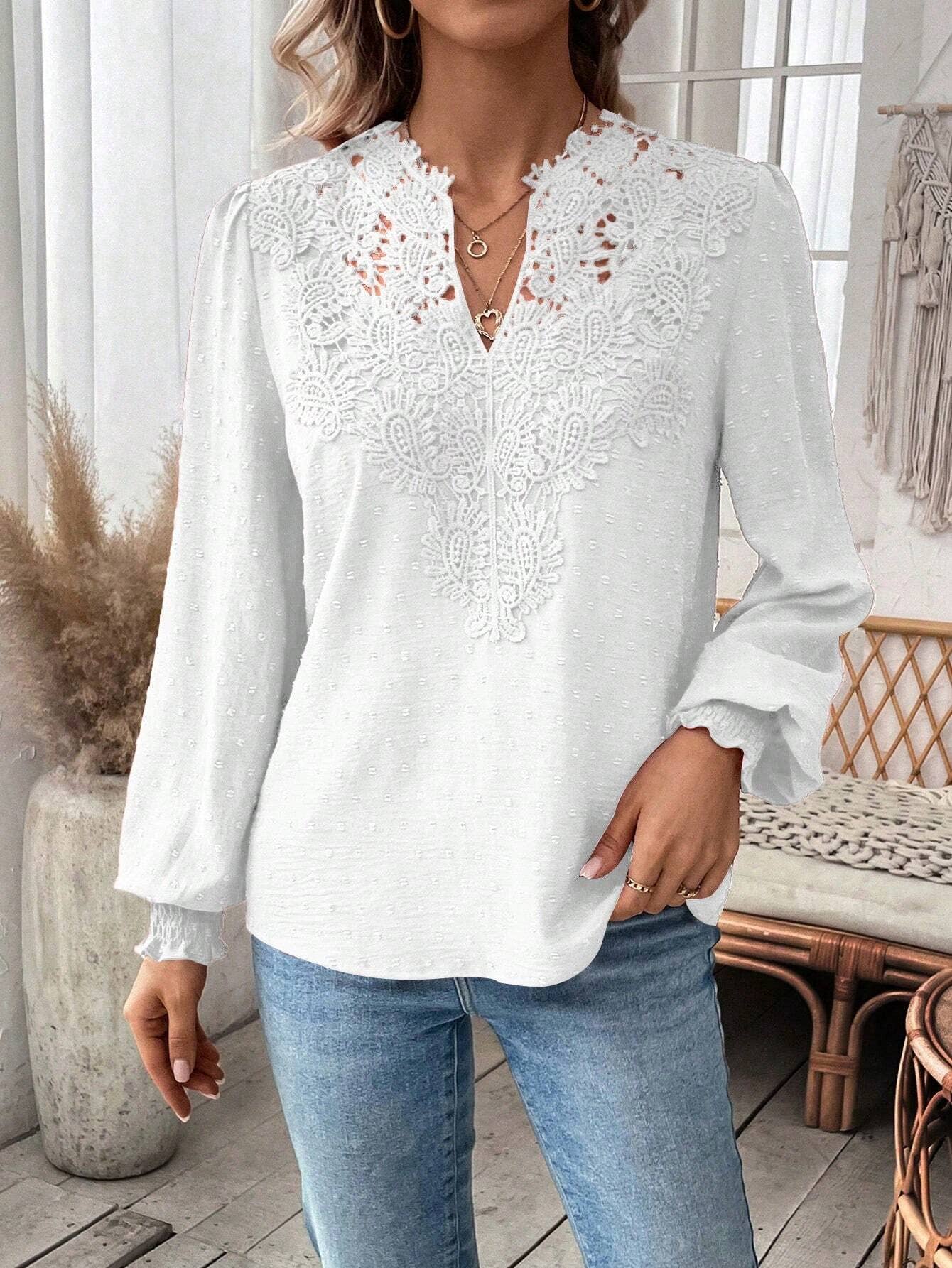 Fashion V-neck lace long sleeve casual T-shirt