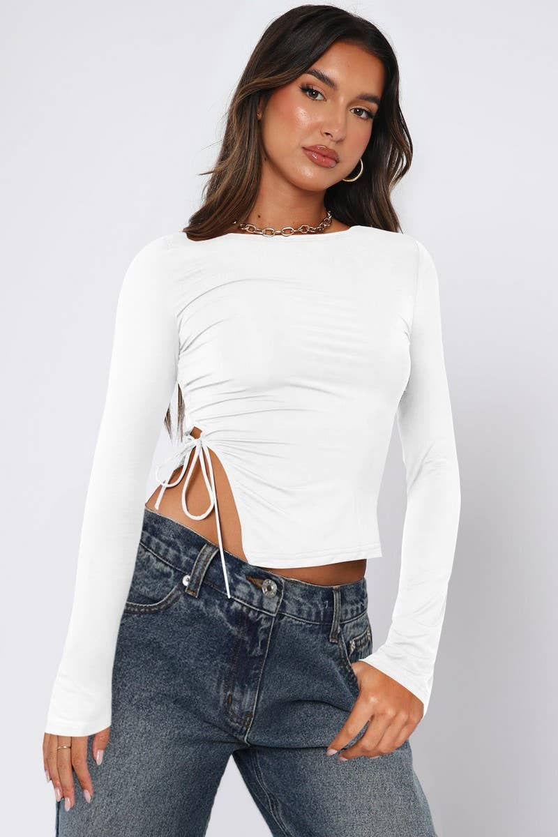CWTTL2058_SEXY SLIT LACE-UP STRAIGHT SHOULDER T-SHIRT