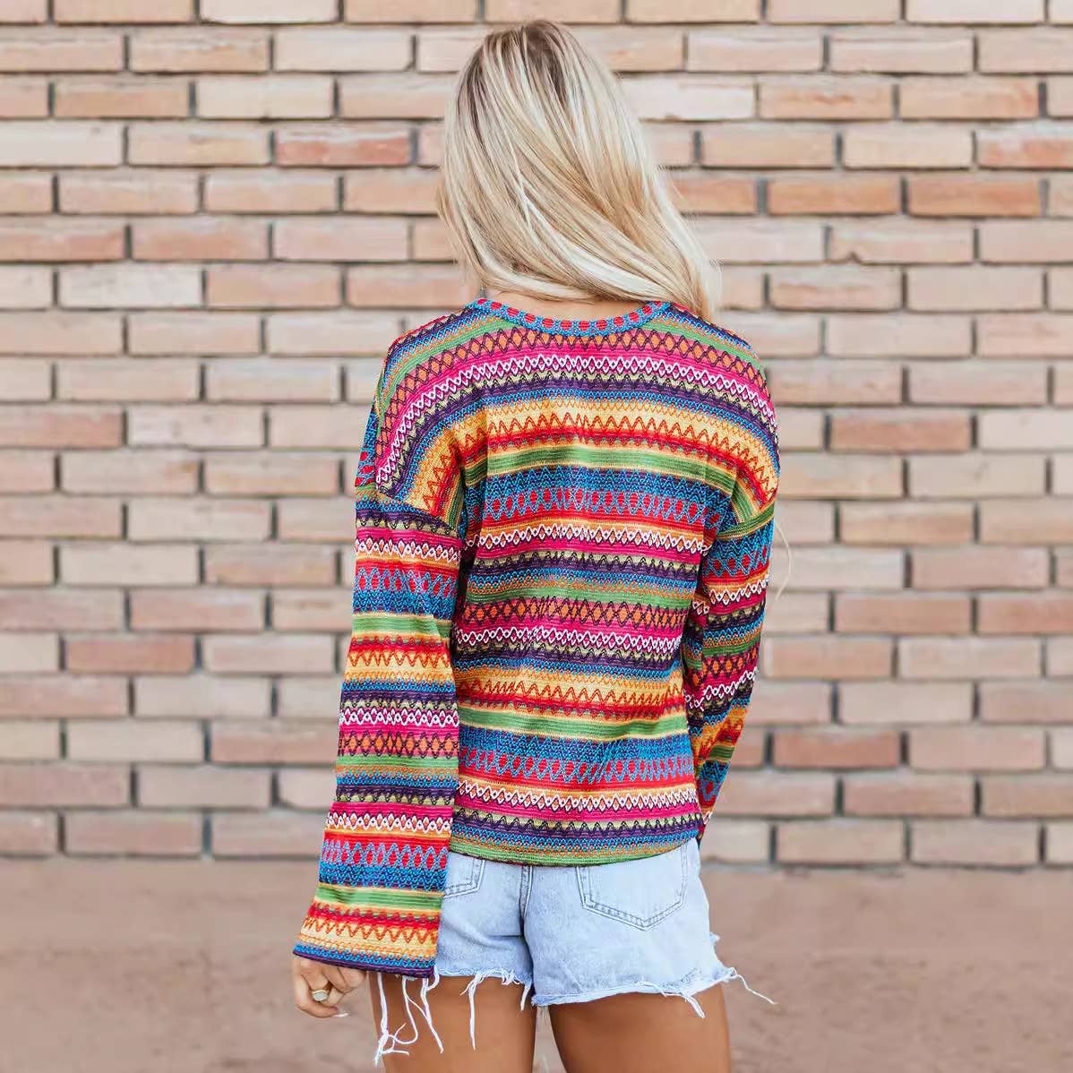 Casual loose crew neck pullover colored striped sweater