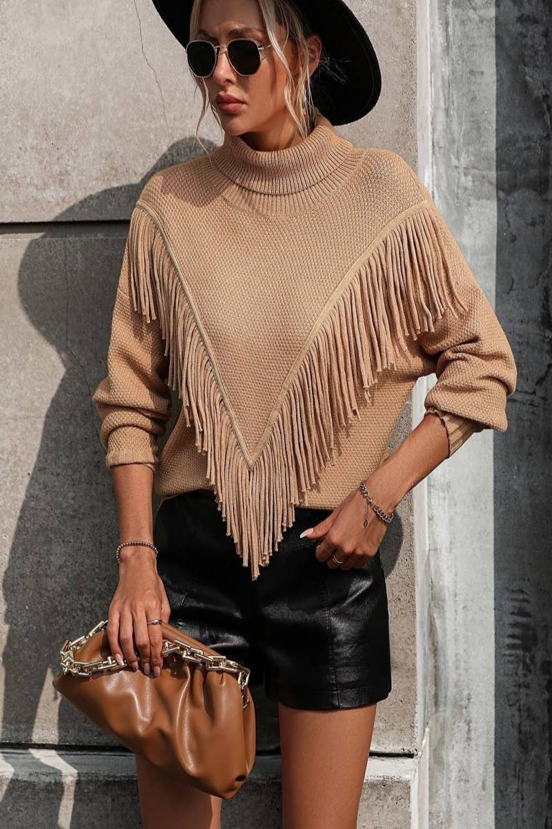 CWOSWL604 Turtle neck Fringe Tassel Pullover Sweater