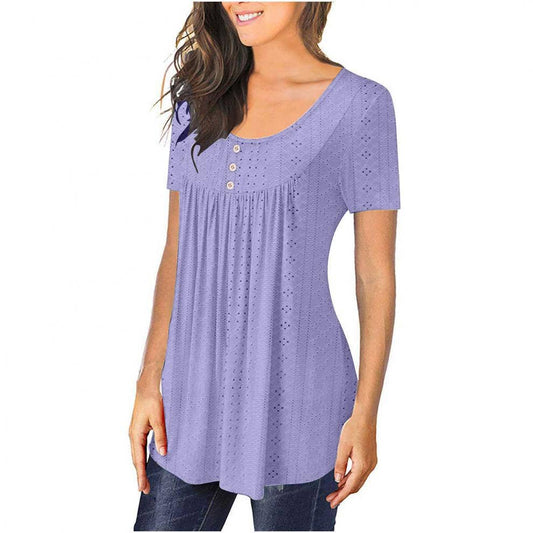 Crew-neck pleated button solid color ripped shirt