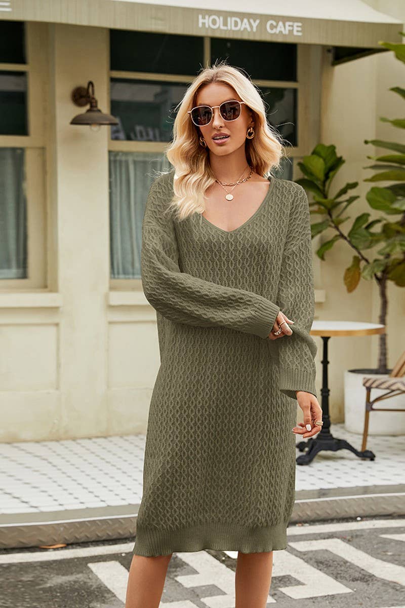 CWDSD5242_V-NECK LOOSE SOLID COLOR KNITTED SWEATER DRESS